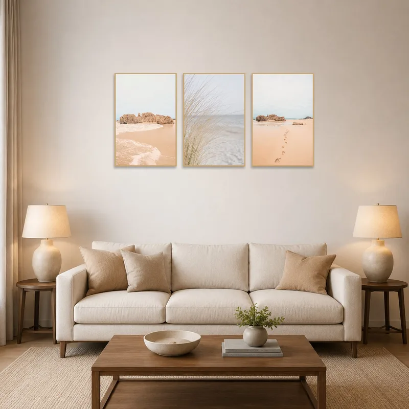 Tranquil coastal triptych art set adds calmness to the living room wall.
