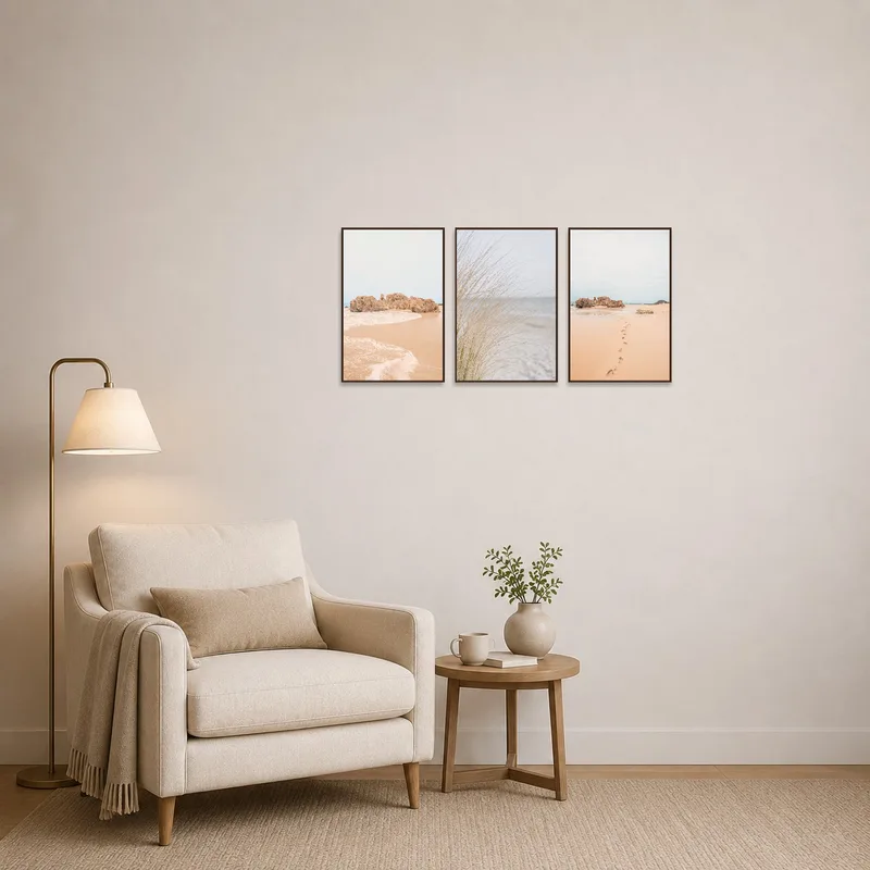 Reading corner enhanced by tranquil beach triptych art set.
