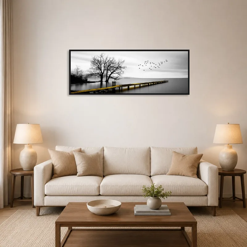 Tranquil lake pier artwork in a cozy living room setting.