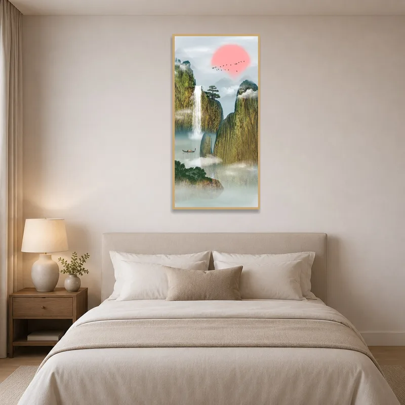 Bedroom adorned with a tranquil landscape of mountains and a waterfall.