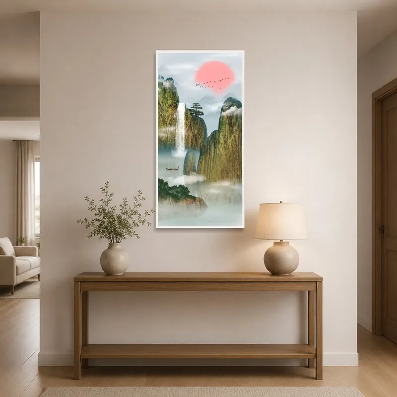 An entrance hall featuring a calming mountain landscape with a waterfall.