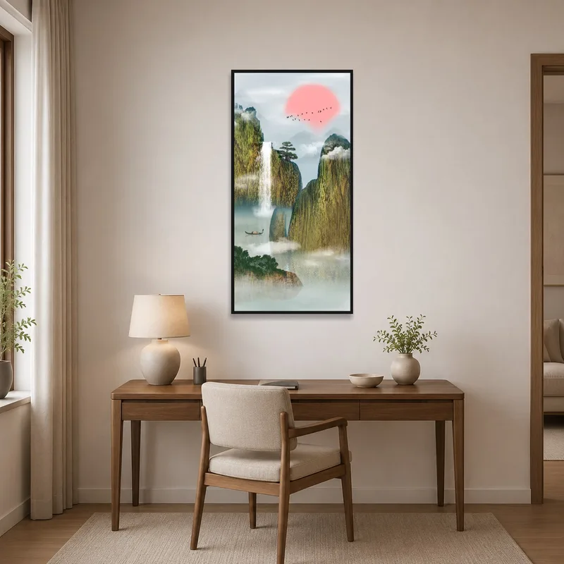 Home office enhanced by a soothing mountain landscape with a waterfall.