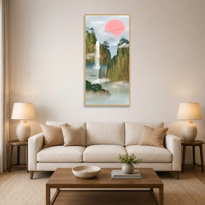A tranquil mountain landscape with a waterfall in a cozy living-room setting.