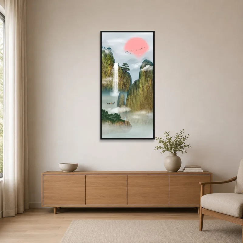Minimalist space showcasing a serene mountain landscape with a waterfall.