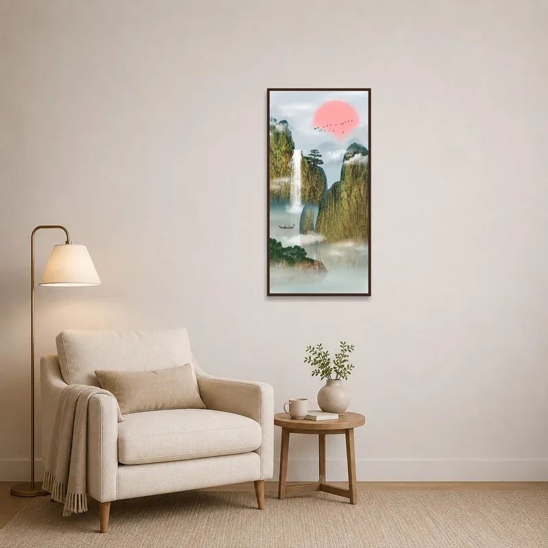 A reading corner with a peaceful mountain scene depicting a waterfall.