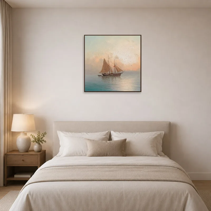 Bedroom wall adorned with sailing ship sailing into the sunset.