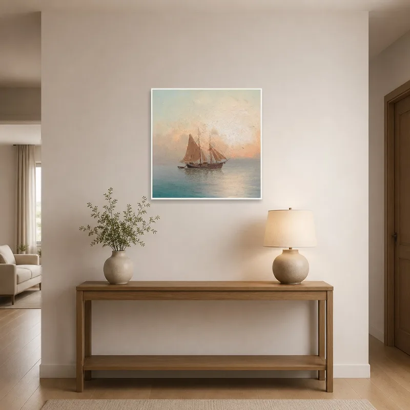 Entrance hall featuring a serene sailing ship at sunset.