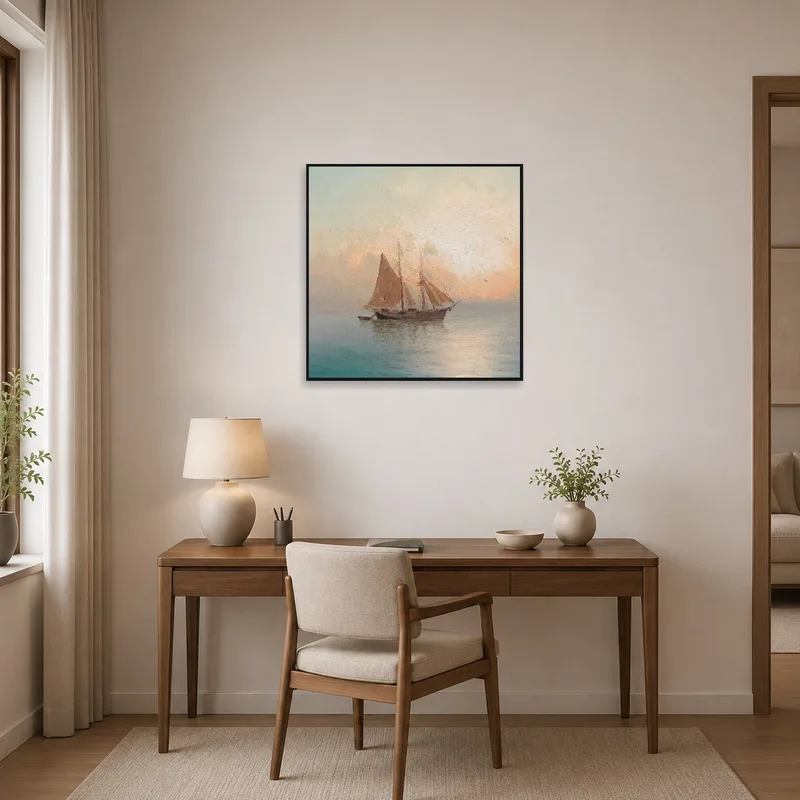 Home office enhanced by serene sailing ship at sunset art.