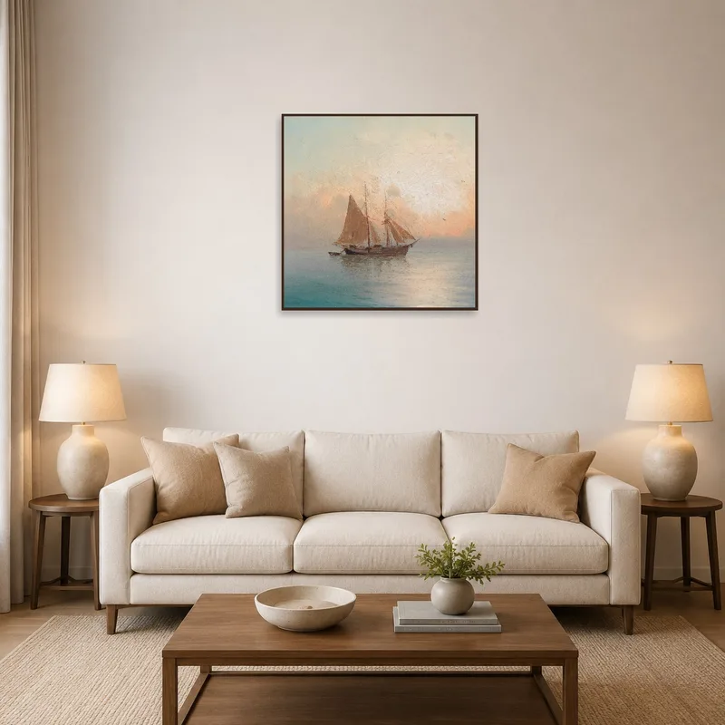 Sailing ship at sunset print adds calm to the living room walls.