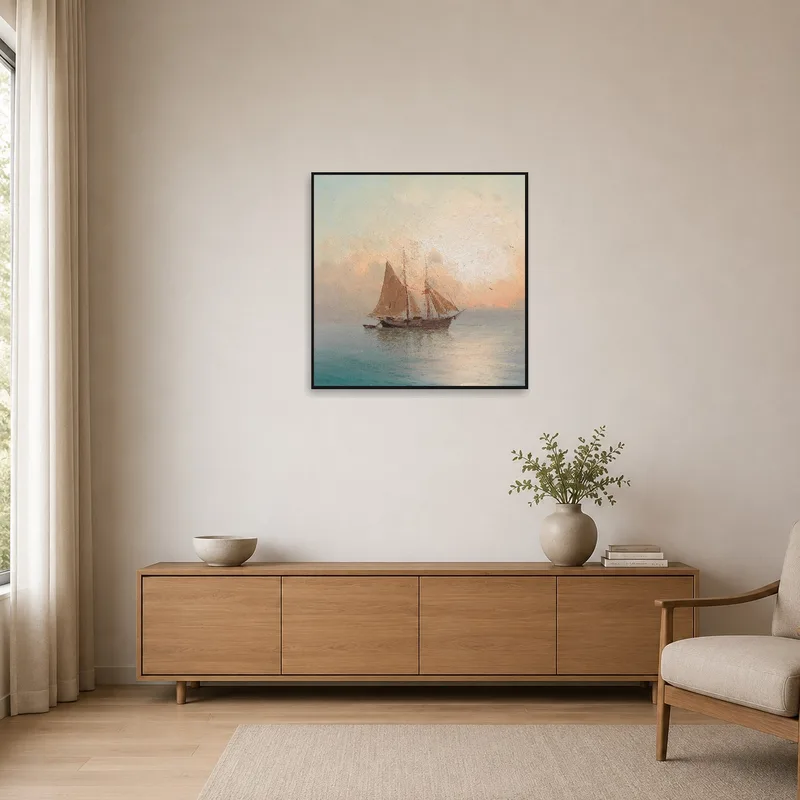 Minimalist room highlighted by the sunset sailing ship scene.