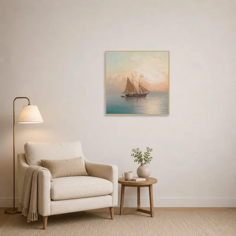 Reading corner enlivened by tranquil sailing ship and sunset.