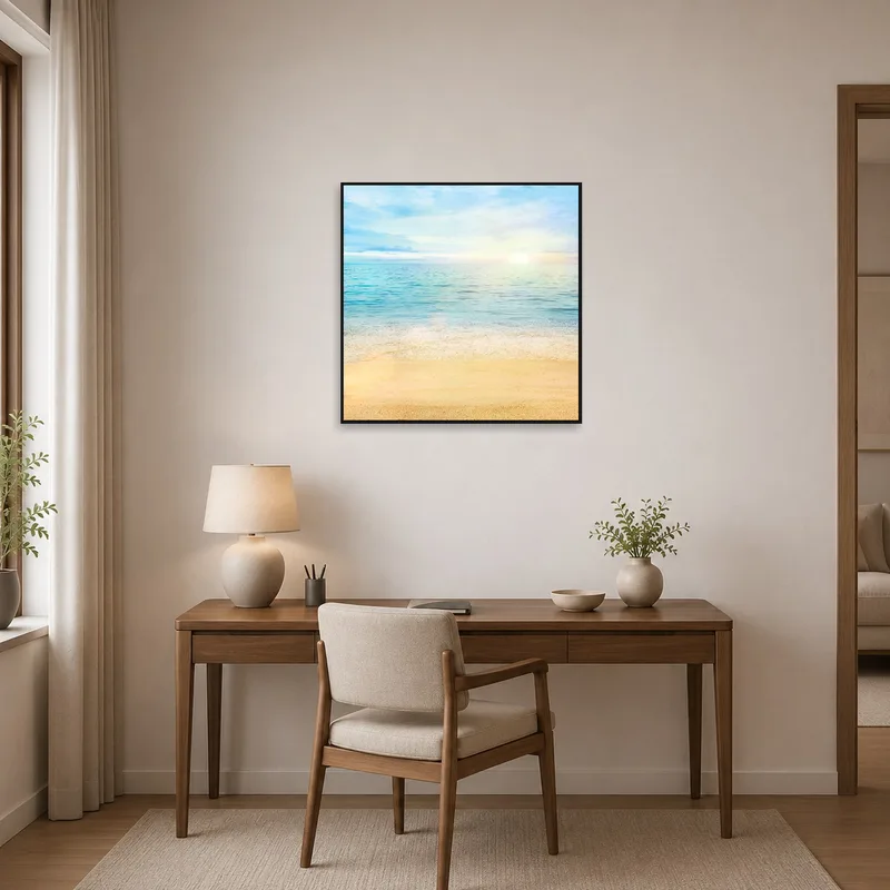 Seascape print inspires calm in a focused home office.