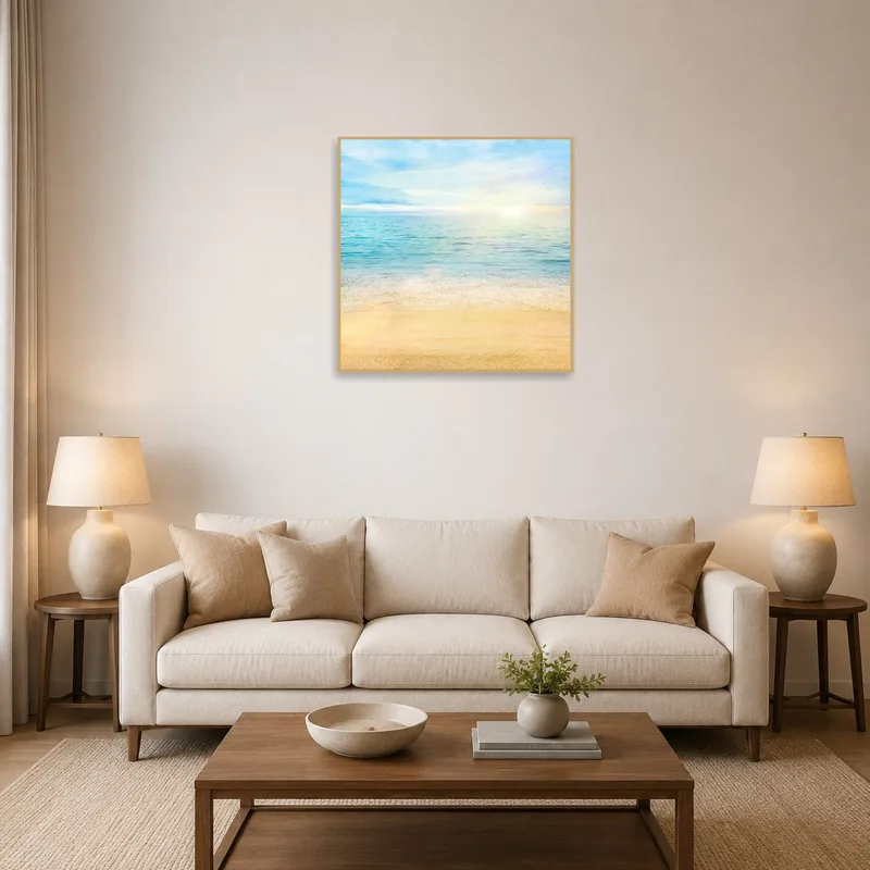 Tranquil seascape print above a cozy couch in a living room setting.