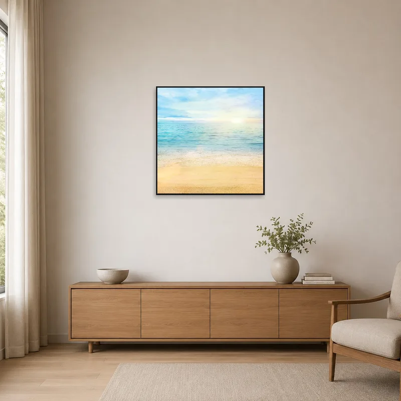 Seascape art on a plain white wall in a minimalist room.