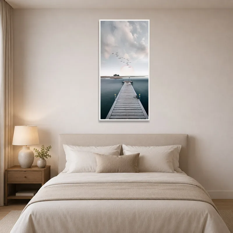 Calming seaside pier piece above a plush bedroom setting.