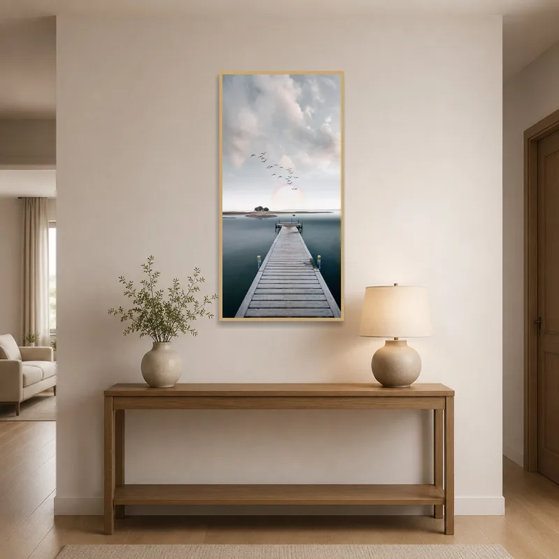 Seaside pier art welcoming guests in a modern entrance hall.