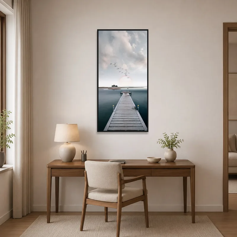 Pier scene adding peace to a productive home office.
