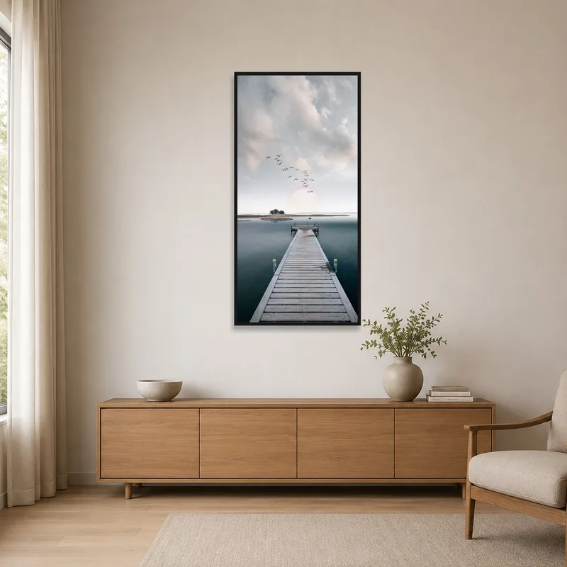 Elegantly displayed pier and dawn scene in a minimalist room.