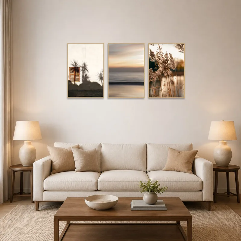 Triptych set of serene landscapes in a living room above a modern sofa.