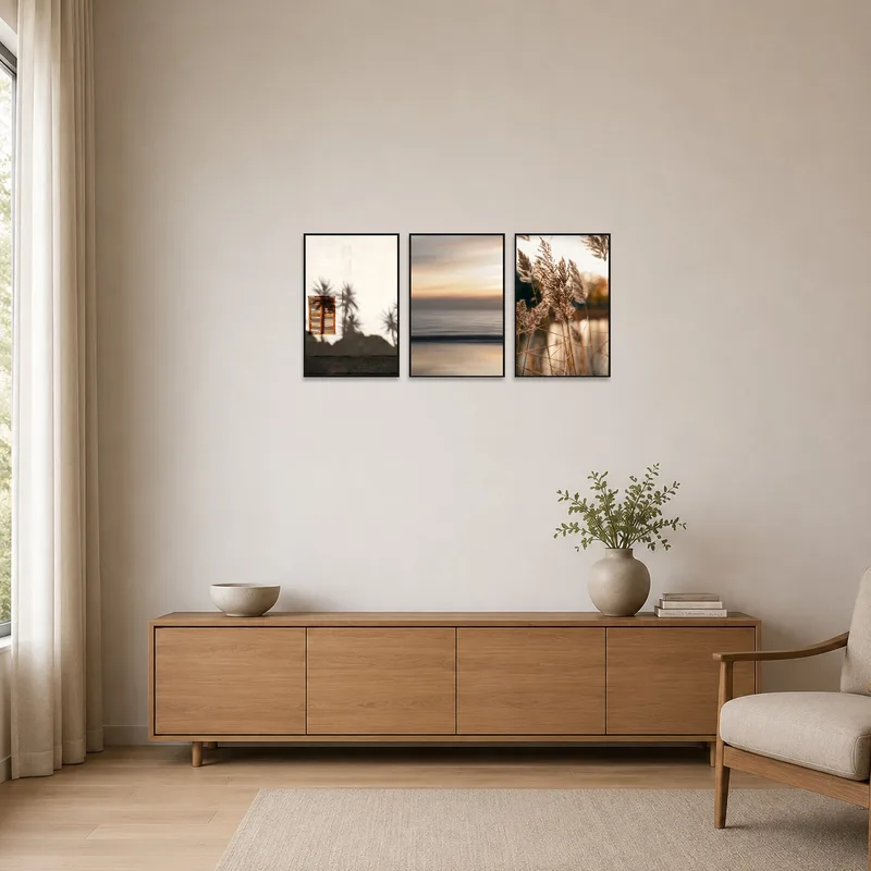Minimalist room displaying a triptych with tranquil shadowy landscapes.