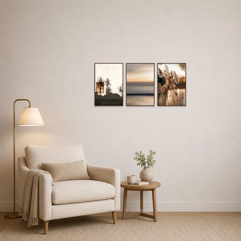 Reading corner with a soothing triptych of shadows and landscapes on the wall.