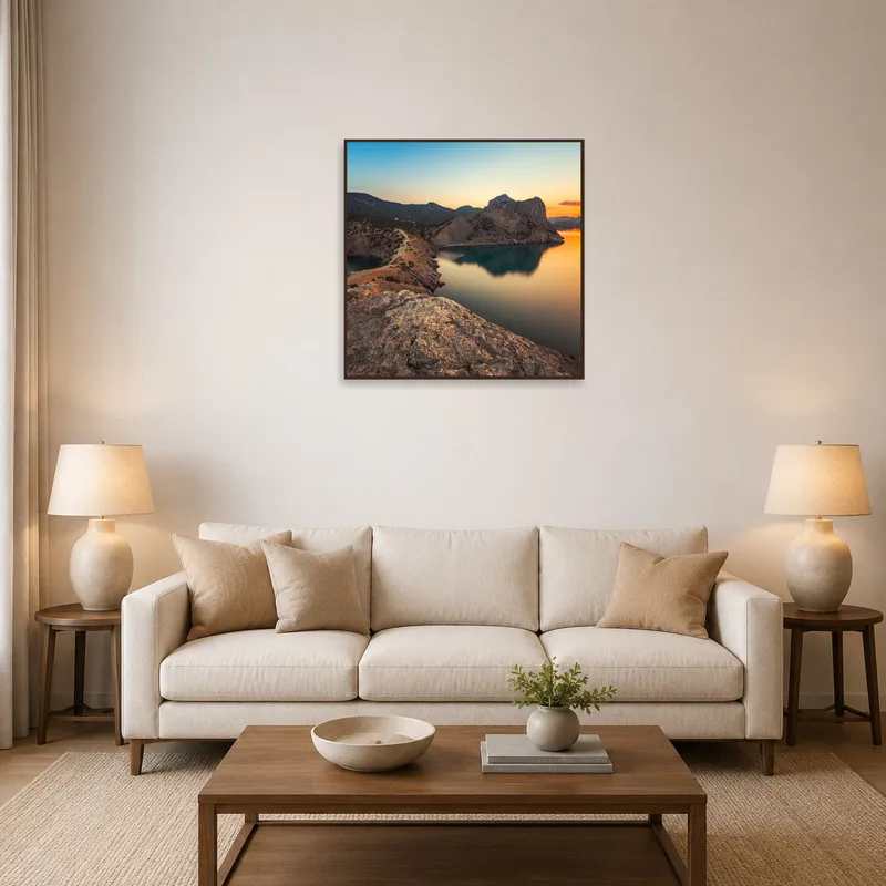 The artwork showcasing a peaceful sunset over cliffs adds a calming touch to the living room.