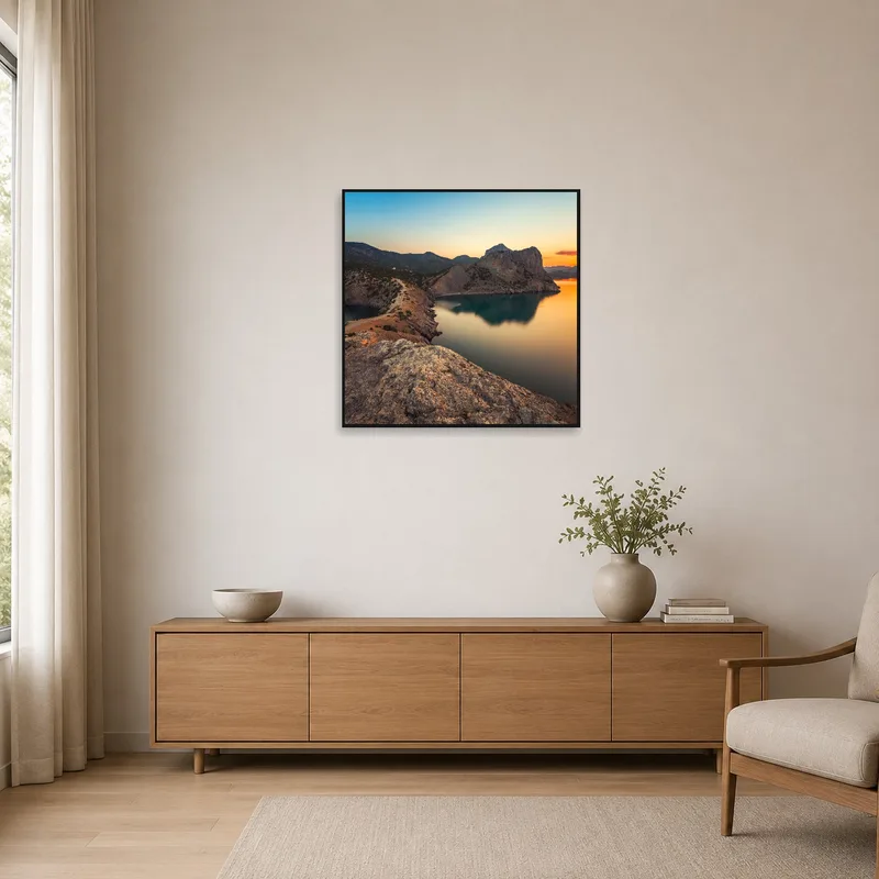 In a minimalist space, the serene coastal scene creates a soothing focal point.