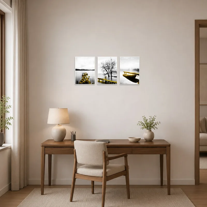 Home office wall showcasing a peaceful water-themed triptych, adding focus and tranquility to the workspace.
