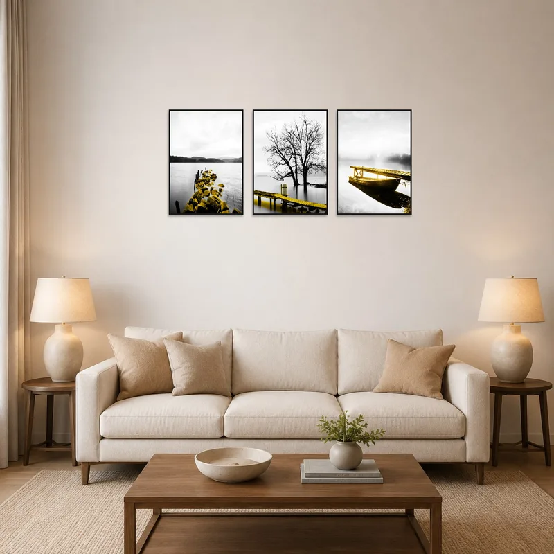Living room wall displaying a three-panel artwork of a serene water scene in black, white, and yellow.