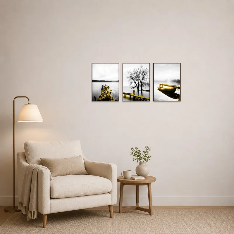 Reading corner featuring soothing triptych art of tranquil waters, creating a relaxing nook.
