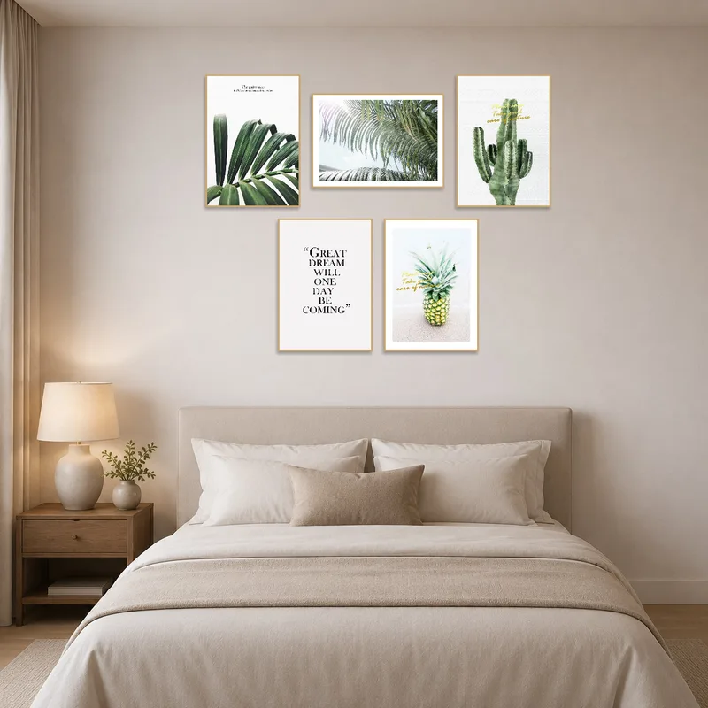 Tropical art set with quotes providing tranquility to a serene bedroom.