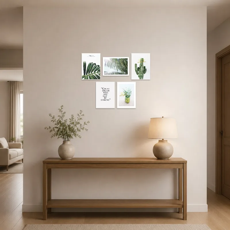 Tropical quote art welcoming guests in a stylish entrance hall.