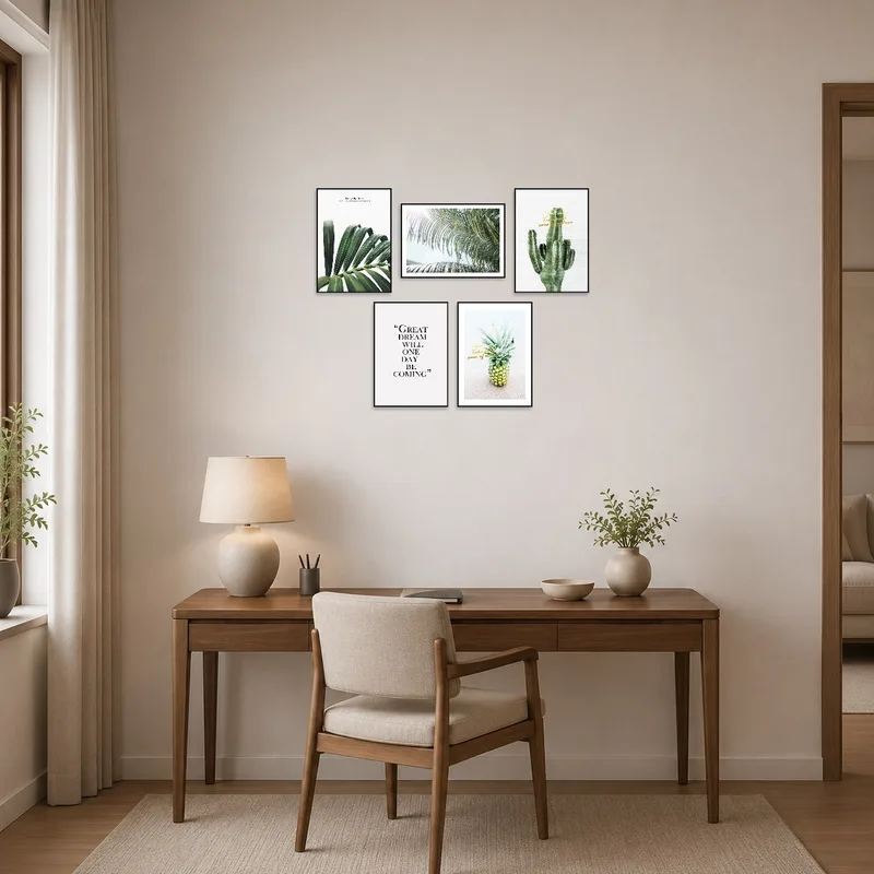 Botanical prints with quotes inspiring creativity in a home office.
