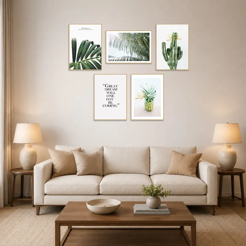 A set of vibrant botanical prints with quotes hanging in a bright living room.