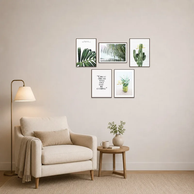 Inspirational botanical prints adding charm to a cozy reading corner.