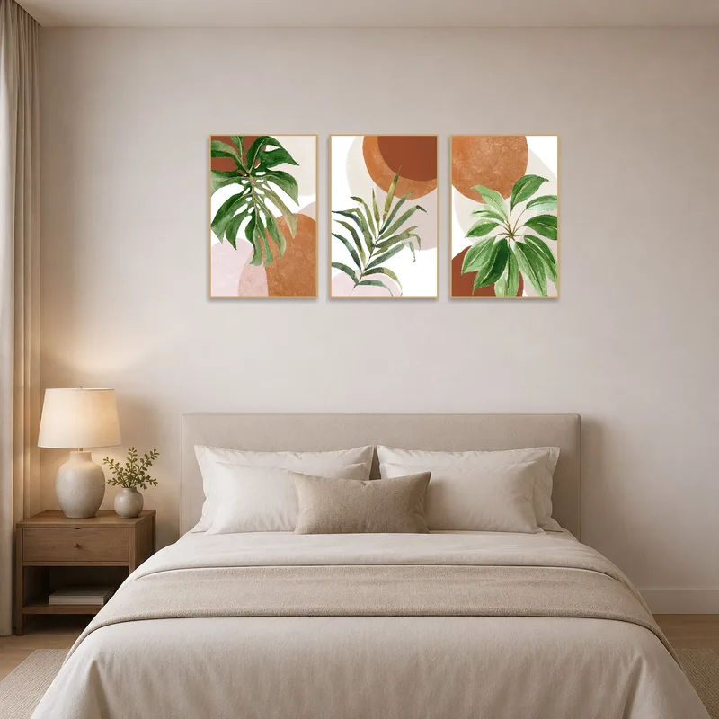 Bedroom adorned with a soothing tropical botanical ambiance through this art set.