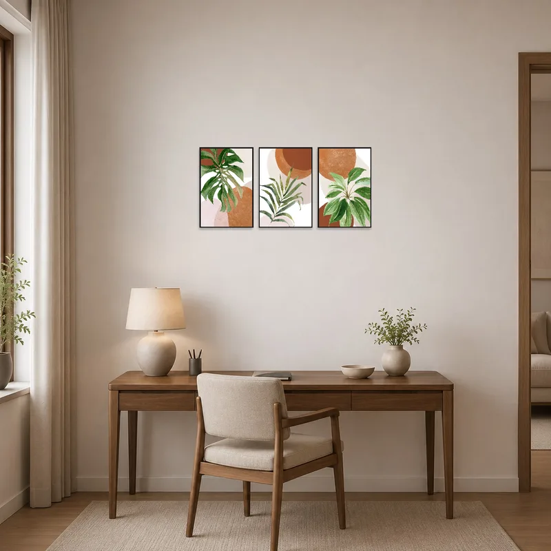 Home office energized by the lush, vibrant tropical botanical prints on the wall.