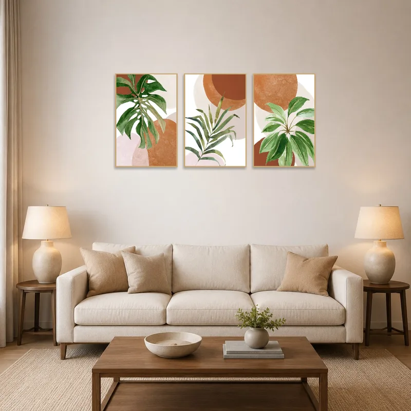 Tropical botanical art set displayed above a modern sofa in a cozy living-room.