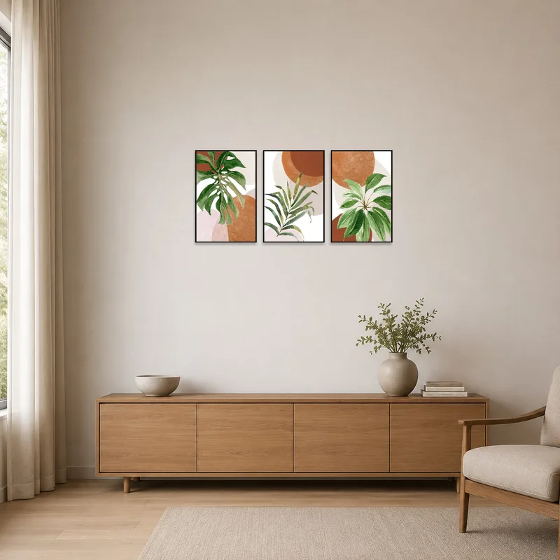 Minimalist room showcasing a vibrant tropical triptych print series on a plain white wall.
