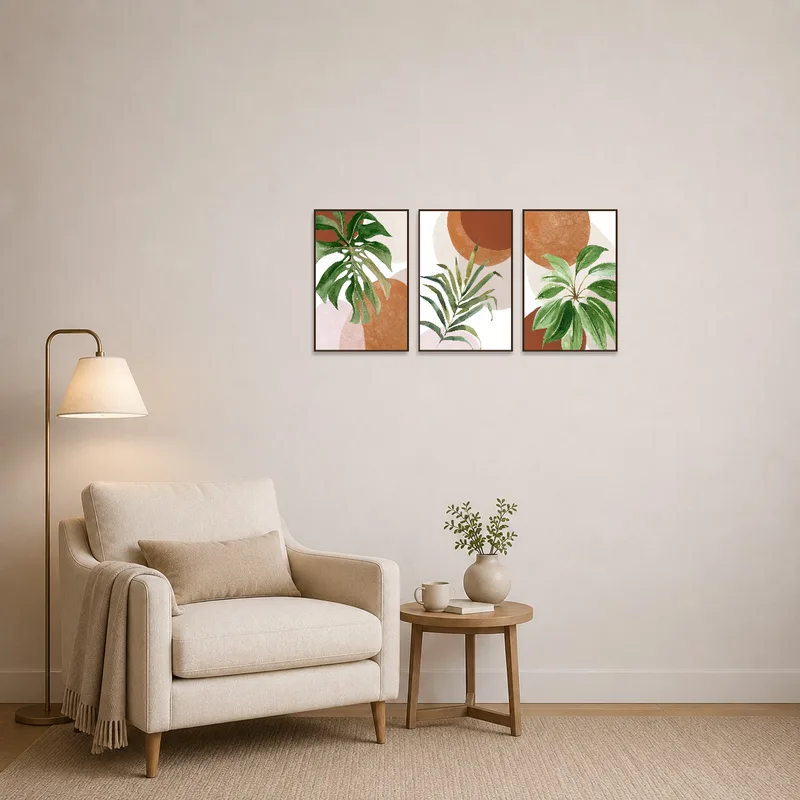 Reading corner enhanced by the vibrant colors of a tropical triptych print series.