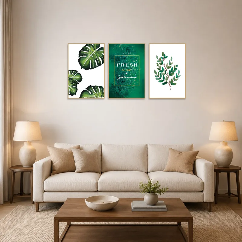 Tropical botanical art set with lush green leaves in a cozy living room setting.