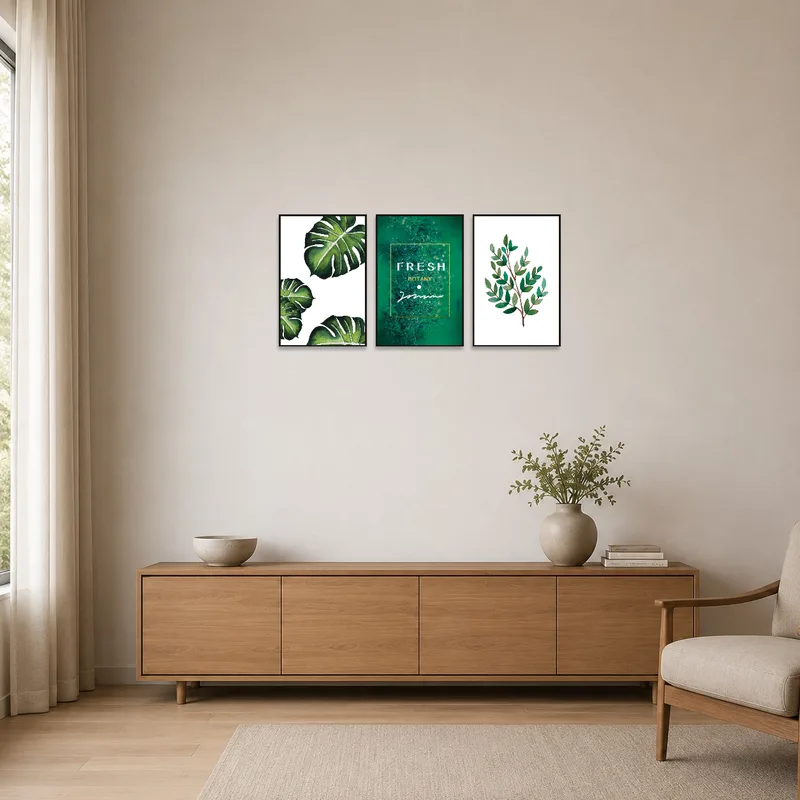 Minimalist room displaying tropical botanical art with vibrant green leaves.