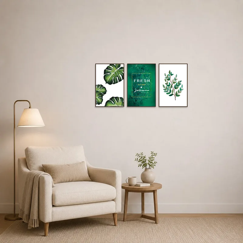 Reading corner adorned with a tropical botanical art set featuring vibrant greenery.