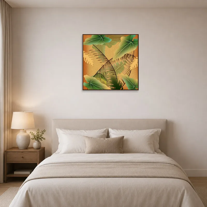 Tropical leaf artwork infuses serenity into a bedroom atmosphere.