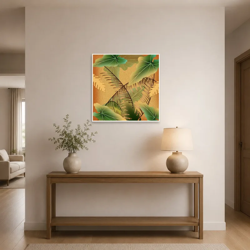 Green leaf art greets guests in a vibrant entrance hall.