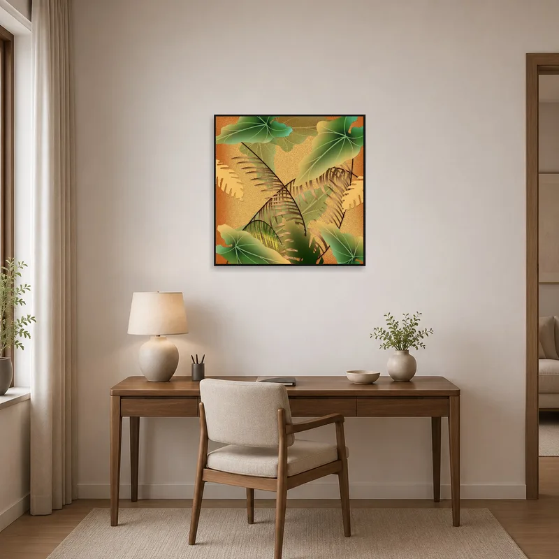 Leaf art print offers a refreshing touch to the home office decor.