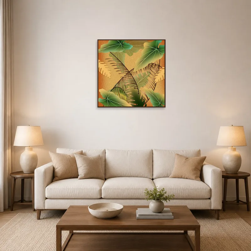 Layered leaf art print adding lush green vibes to a living room setting.