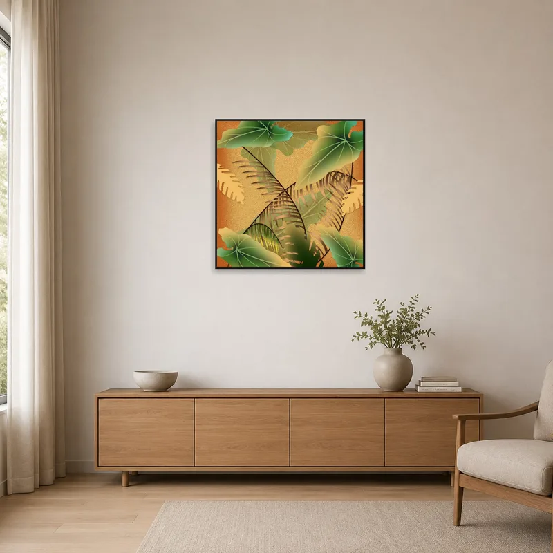 Tropical leaf art enhances the airy feel of a minimalist space.