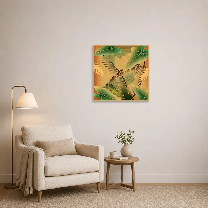 Layered leaf art print brings nature to a cozy reading corner.