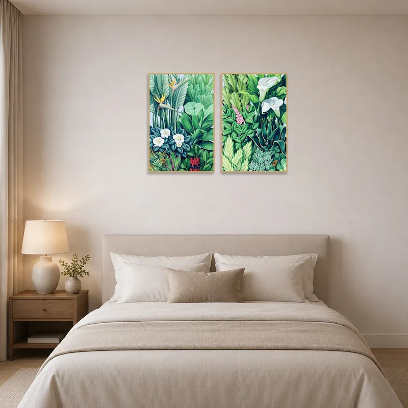 Tropical Elegance Botanical Art Set in a bedroom above the headboard with neutral bedding.